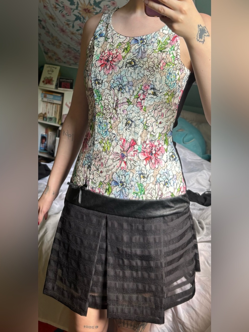 Rinascimento White Floral Mini Dress with Black Skirt Panels